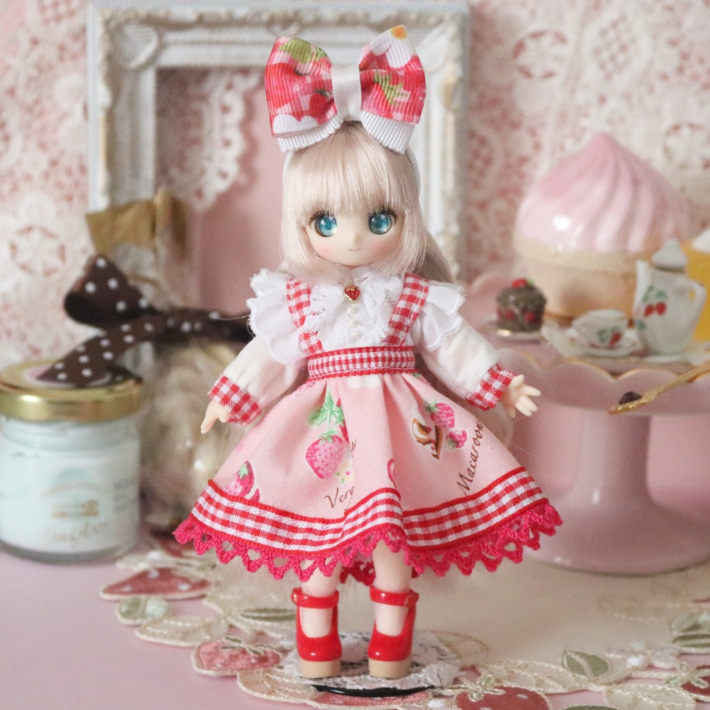 ピコP＆オビツ11サイズ【いちごのギンガムチェックドレス 赤×ピンク