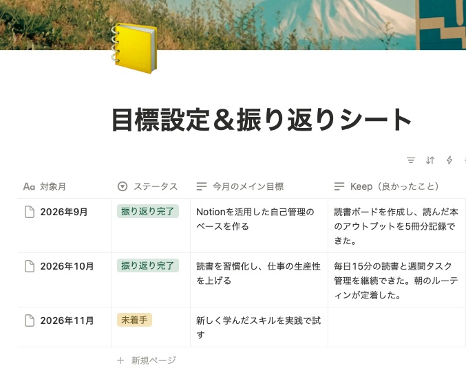 【Notionテンプレート】目標設定&振り返りシート(KPT法対応)|月次の目標管理と自己成長をこれ1つで【初心者向け】
