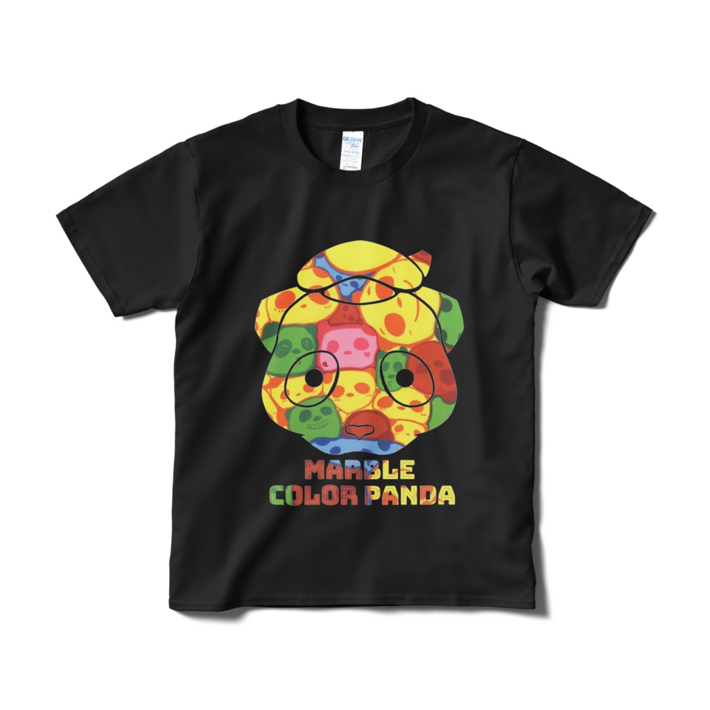 マーブルカラーパンダの黒Tシャツ