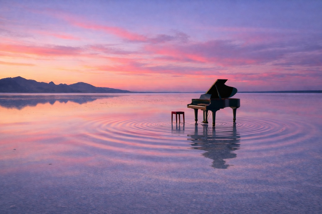ウユニ塩湖に浮かぶピアノ