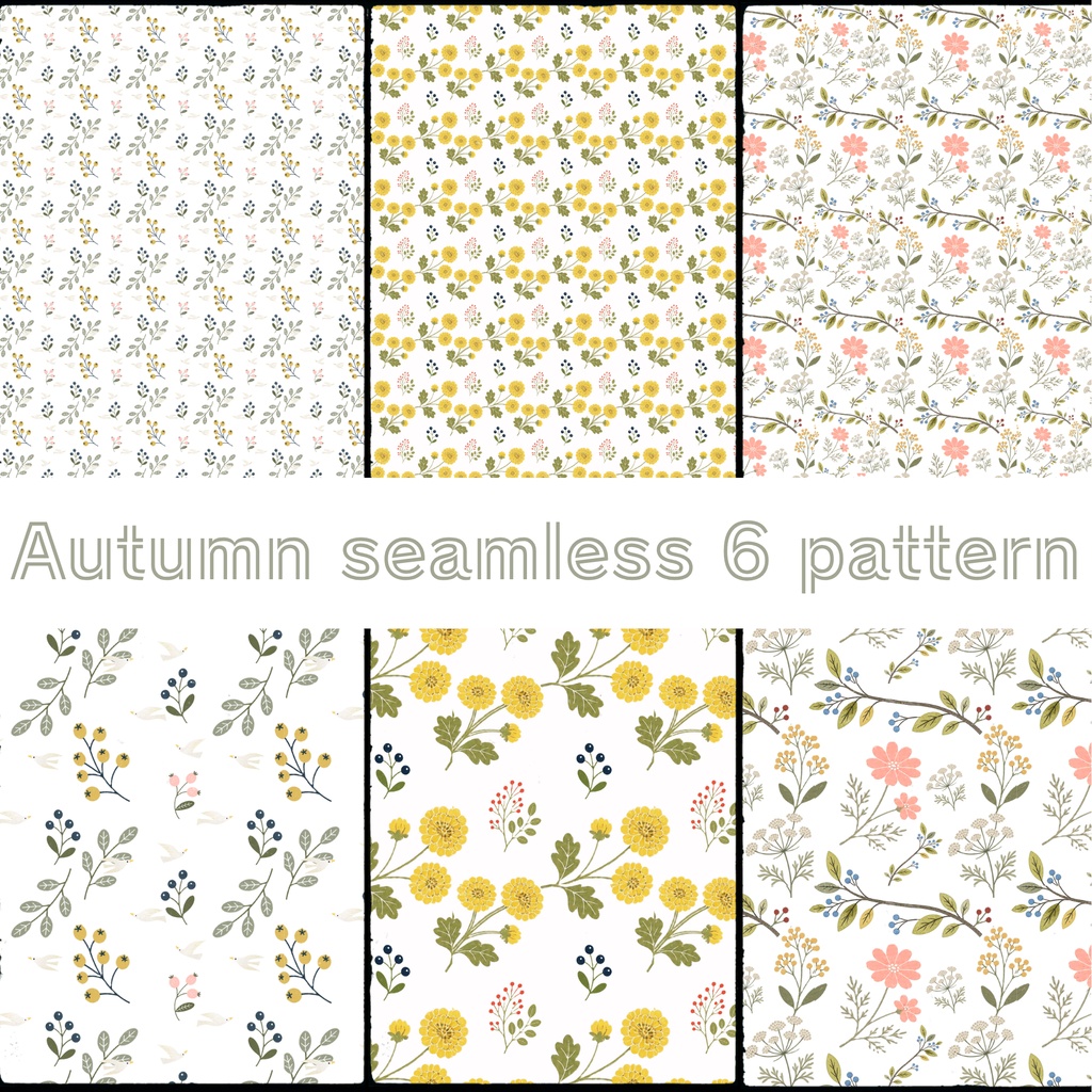 秋の花束6パターン【デジタルペーパー、背景画像、刺繍図案】/Autumn Seamless Pattern【Digital paper,Background image,embroidery design】