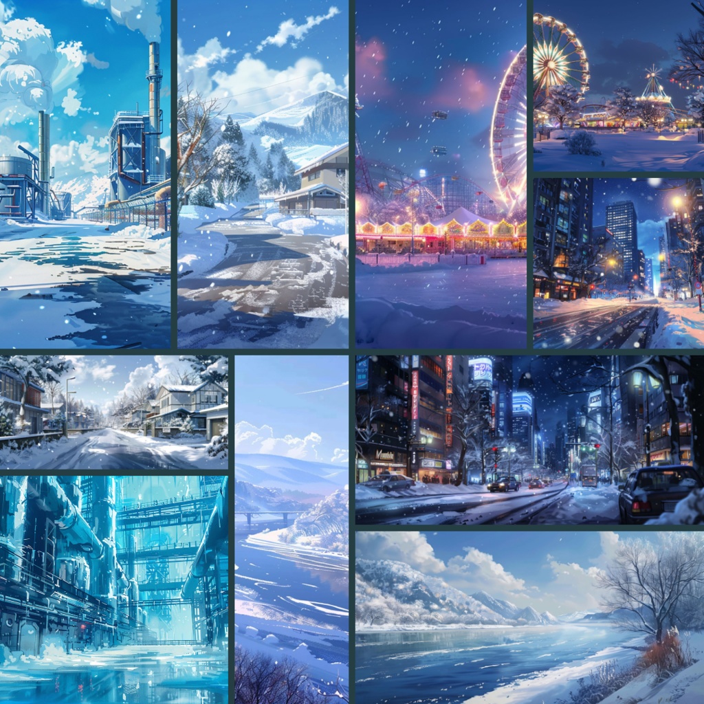 【背景素材】春夏秋冬パック200枚|校門・プール・桜・クリスマス・通学路・住宅街