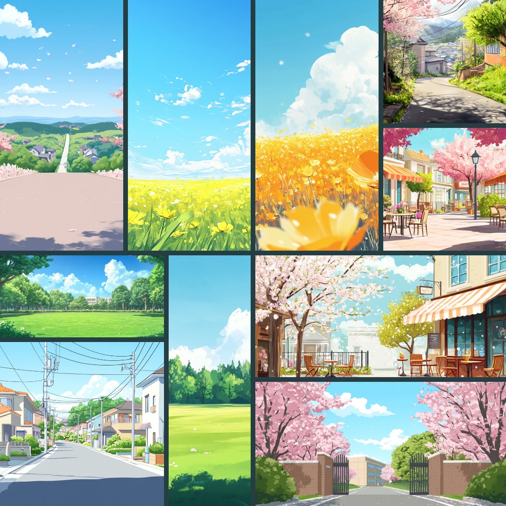 【背景素材】春夏秋冬パック200枚|校門・プール・桜・クリスマス・通学路・住宅街