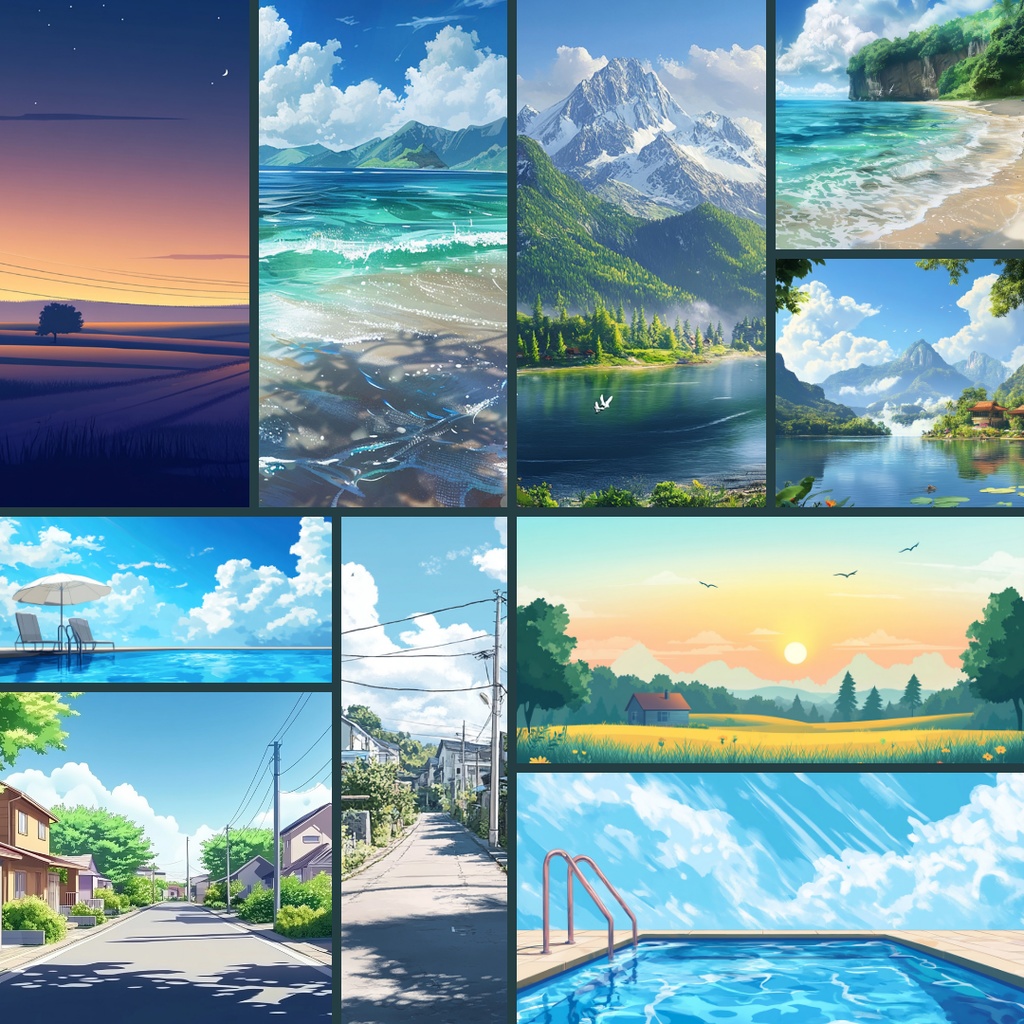 【背景素材】春夏秋冬パック200枚|校門・プール・桜・クリスマス・通学路・住宅街