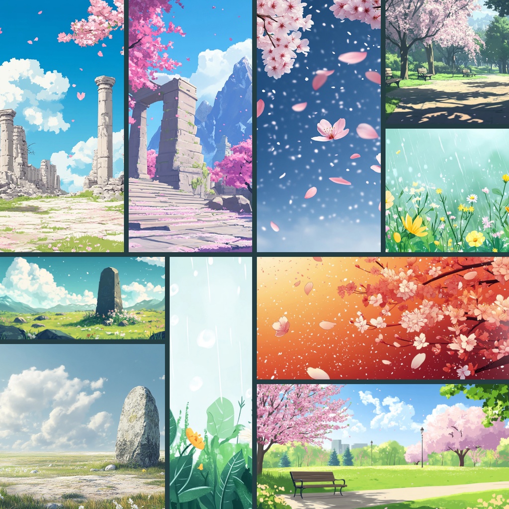 【背景素材】春夏秋冬パック200枚|校門・プール・桜・クリスマス・通学路・住宅街