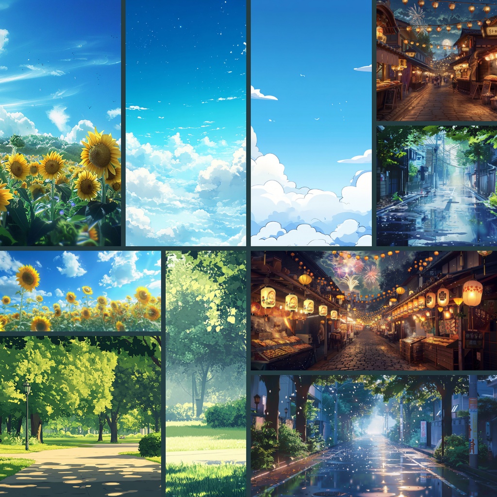 【背景素材】春夏秋冬パック200枚|校門・プール・桜・クリスマス・通学路・住宅街