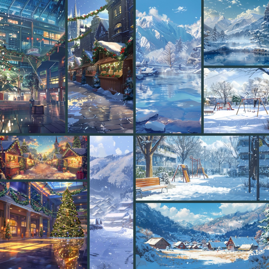 【背景素材】春夏秋冬パック200枚|校門・プール・桜・クリスマス・通学路・住宅街