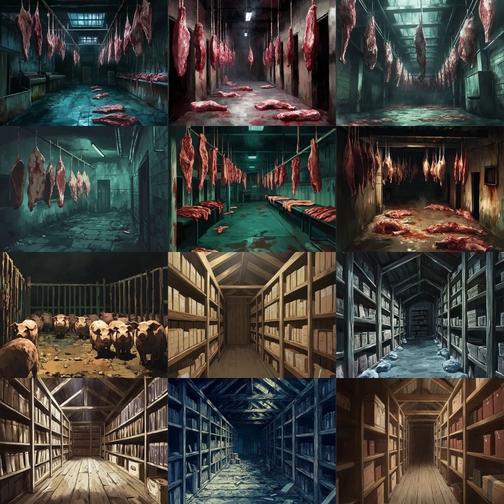 【TRPG背景素材】養豚場パック60枚|ホラー・豚舎・解体室・食堂・冷凍庫・機械室・物置・地下への階段・鍵付きの扉