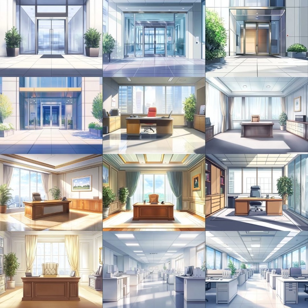 【TRPG背景素材】オフィス街パック60枚|受付エリア・食堂・社長室・会議室・資料室・ビル入り口・街並み・エレベーターホール・オフィス