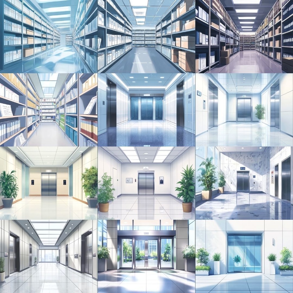 【TRPG背景素材】オフィス街パック60枚|受付エリア・食堂・社長室・会議室・資料室・ビル入り口・街並み・エレベーターホール・オフィス