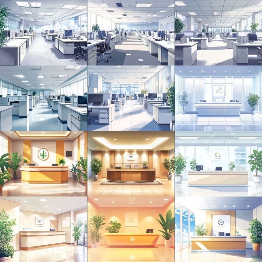 【TRPG背景素材】オフィス街パック60枚|受付エリア・食堂・社長室・会議室・資料室・ビル入り口・街並み・エレベーターホール・オフィス