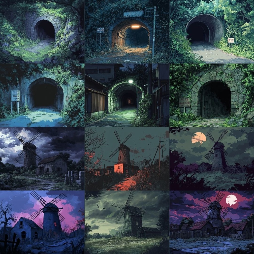 【TRPG背景素材】怪しい因習村パック74枚|鳥居・井戸・石碑・田畑・風車小屋・墓地・学校・屋敷・トンネル・吊り橋・村