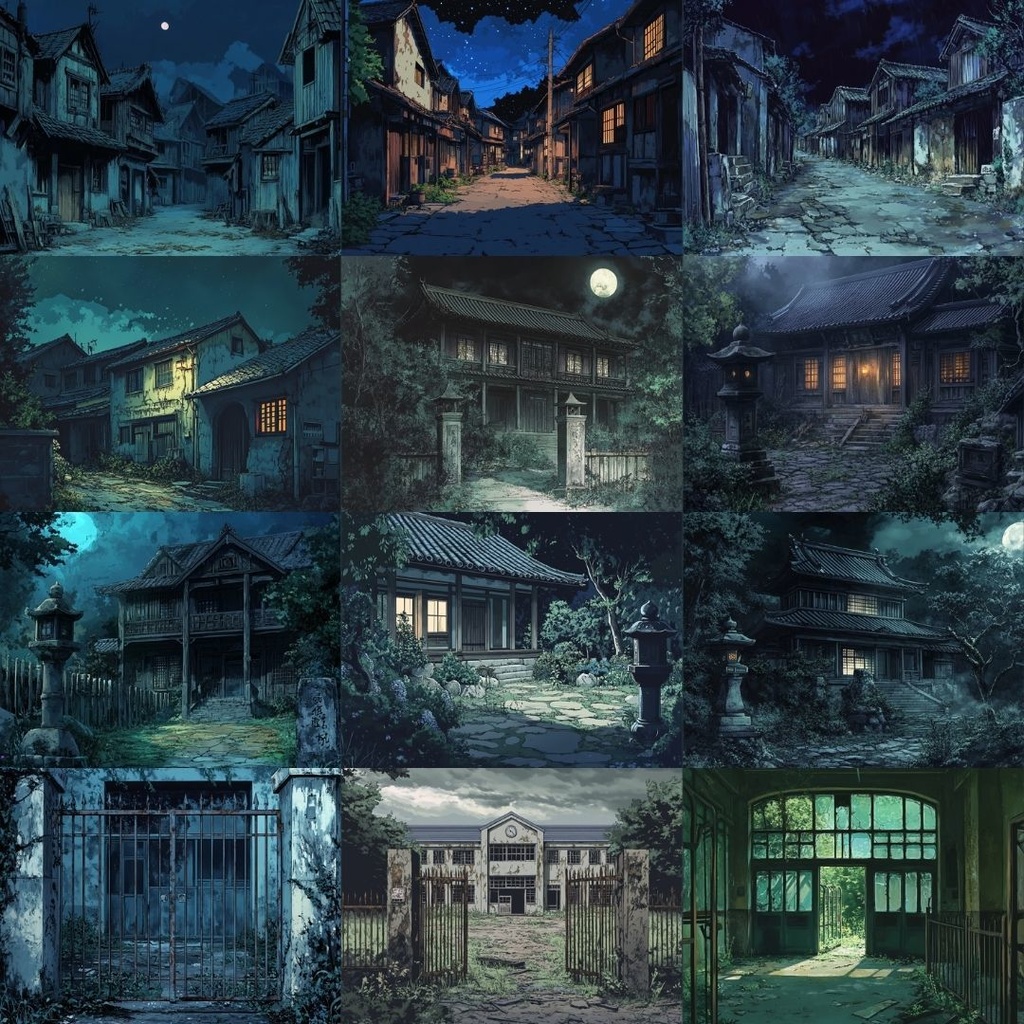 【TRPG背景素材】怪しい因習村パック74枚|鳥居・井戸・石碑・田畑・風車小屋・墓地・学校・屋敷・トンネル・吊り橋・村