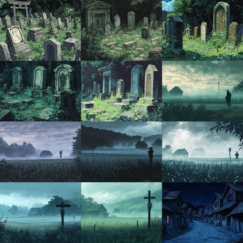 【TRPG背景素材】怪しい因習村パック74枚|鳥居・井戸・石碑・田畑・風車小屋・墓地・学校・屋敷・トンネル・吊り橋・村