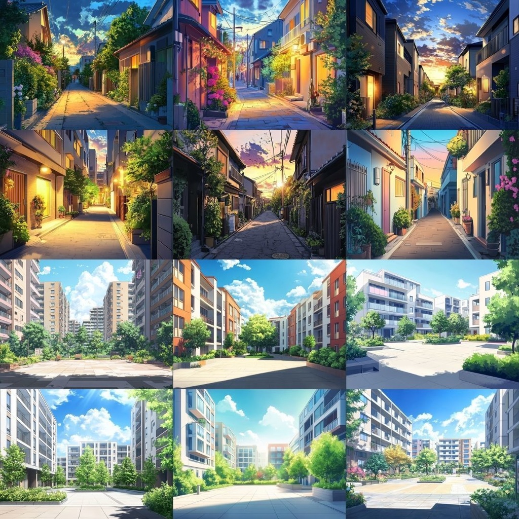 【TRPG背景素材】住宅街パック60枚|昼夜・マンションと広場・公園・夕方の路地裏