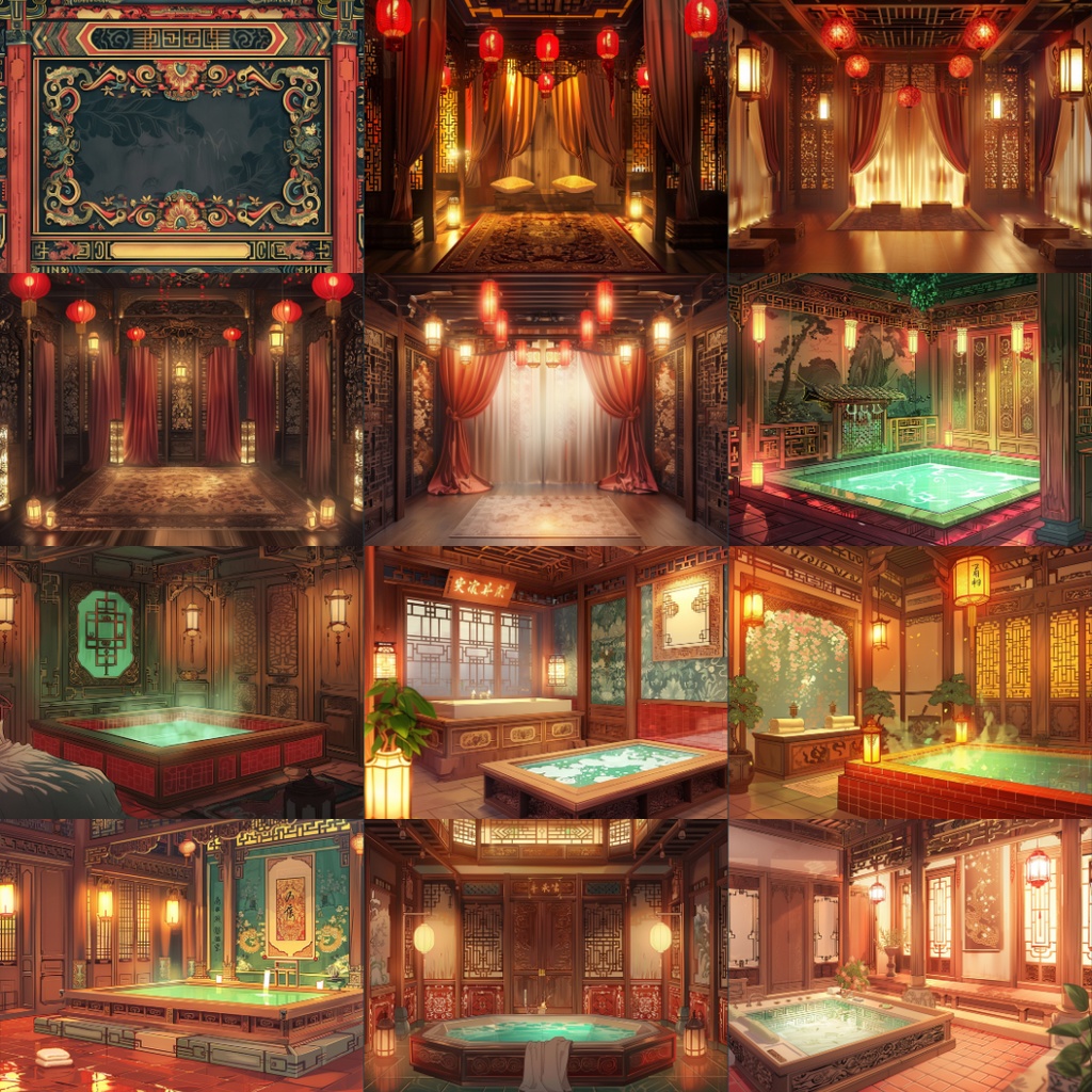 【TRPG背景素材】中国王宮パック195枚|お風呂場・部屋・フレーム風素材・王宮・門・階段・ホール