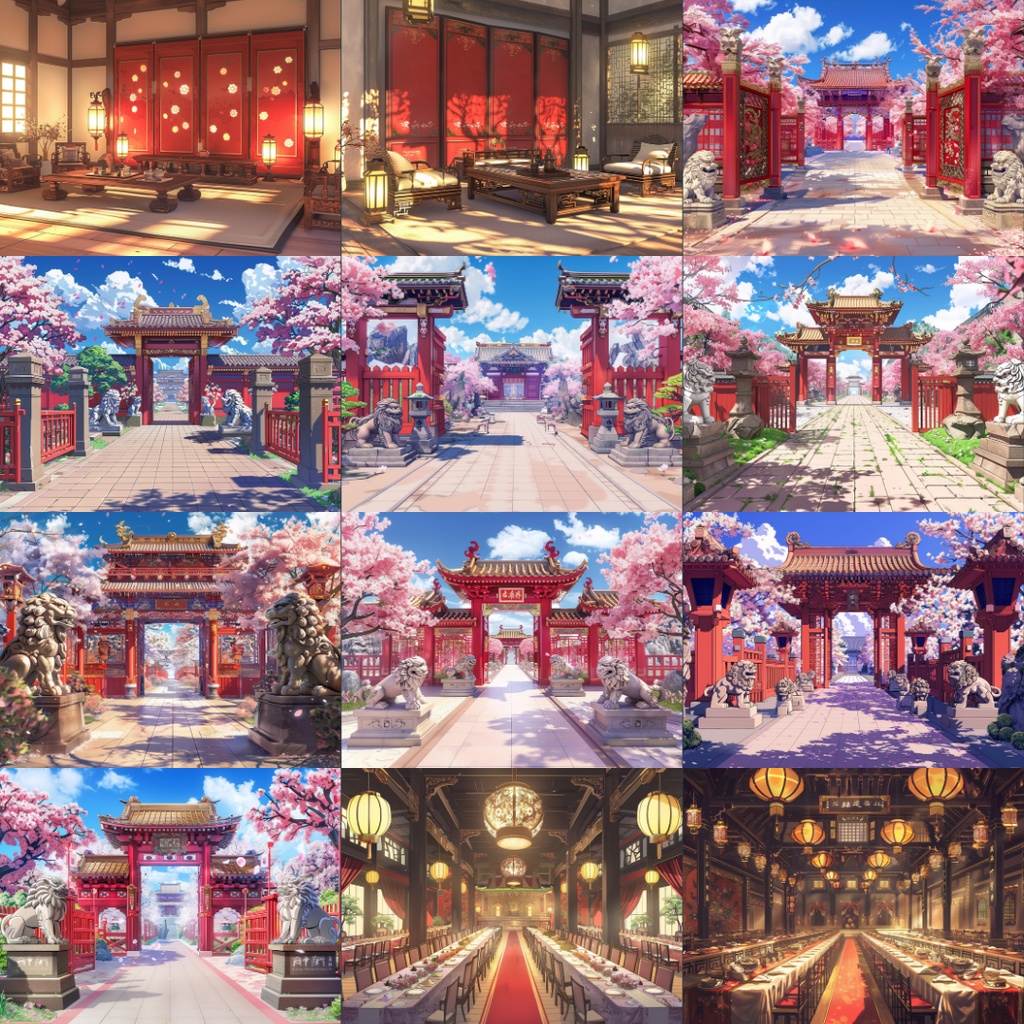 【TRPG背景素材】中国王宮パック195枚|お風呂場・部屋・フレーム風素材・王宮・門・階段・ホール