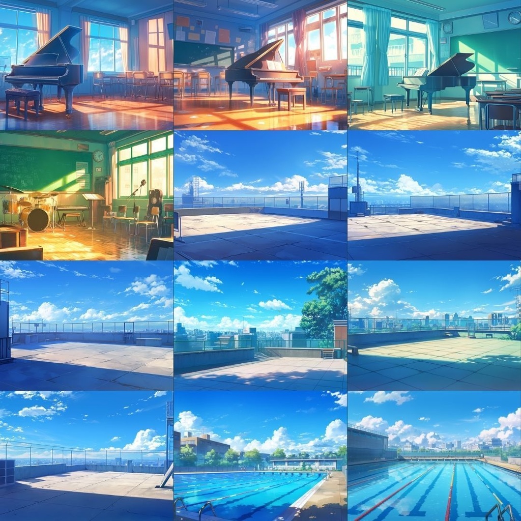 【TRPG背景素材】青春学校パック80枚|教室・外観・廊下・グラウンド・美術室・体育館・校舎への道・プール・保健室・階段・音楽室・大講義室・屋上