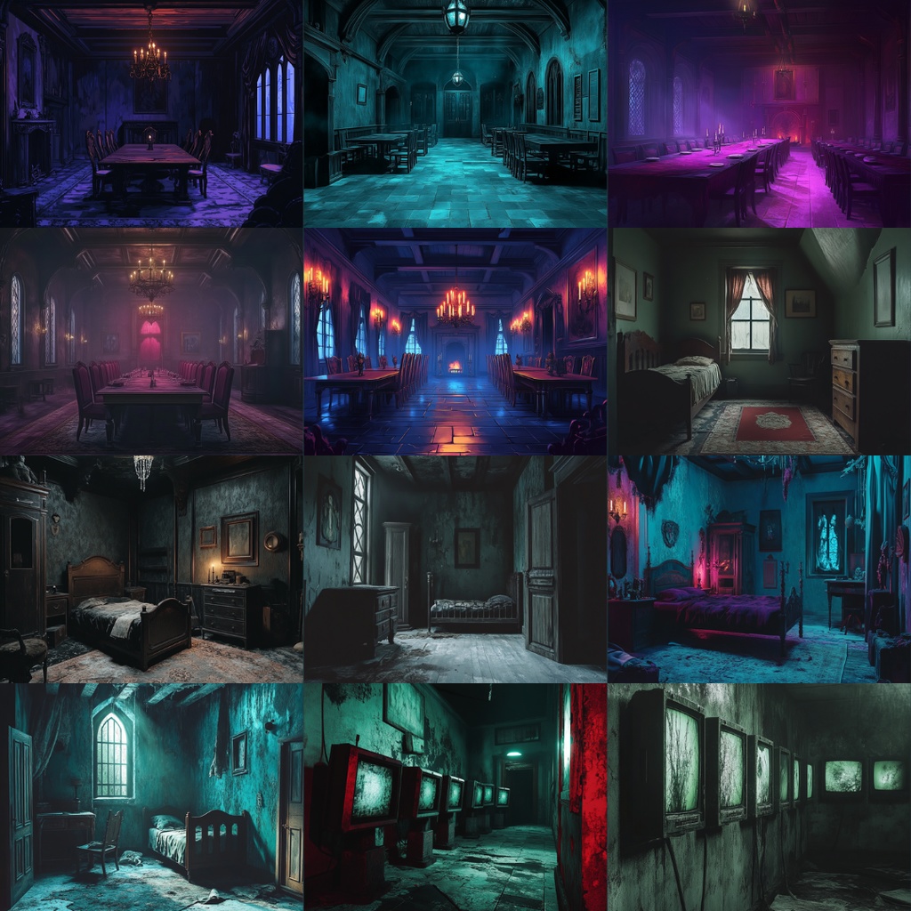 【TRPG背景素材】呪われた洋館パック74枚|廊下・階段・外観・寝室・物置・食堂・風呂・台所・トイレ・子供部屋・監視室・扉