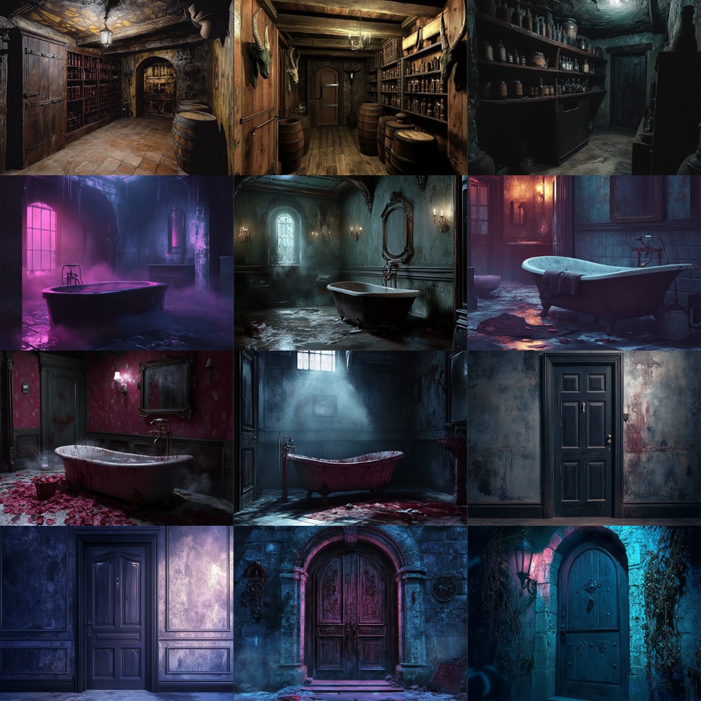 【TRPG背景素材】呪われた洋館パック74枚|廊下・階段・外観・寝室・物置・食堂・風呂・台所・トイレ・子供部屋・監視室・扉