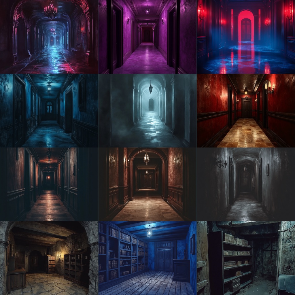 【TRPG背景素材】呪われた洋館パック74枚|廊下・階段・外観・寝室・物置・食堂・風呂・台所・トイレ・子供部屋・監視室・扉