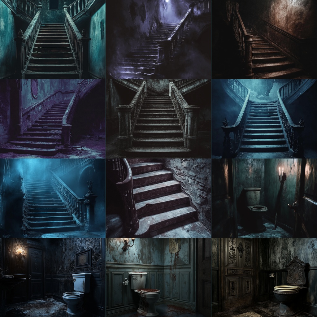 【TRPG背景素材】呪われた洋館パック74枚|廊下・階段・外観・寝室・物置・食堂・風呂・台所・トイレ・子供部屋・監視室・扉