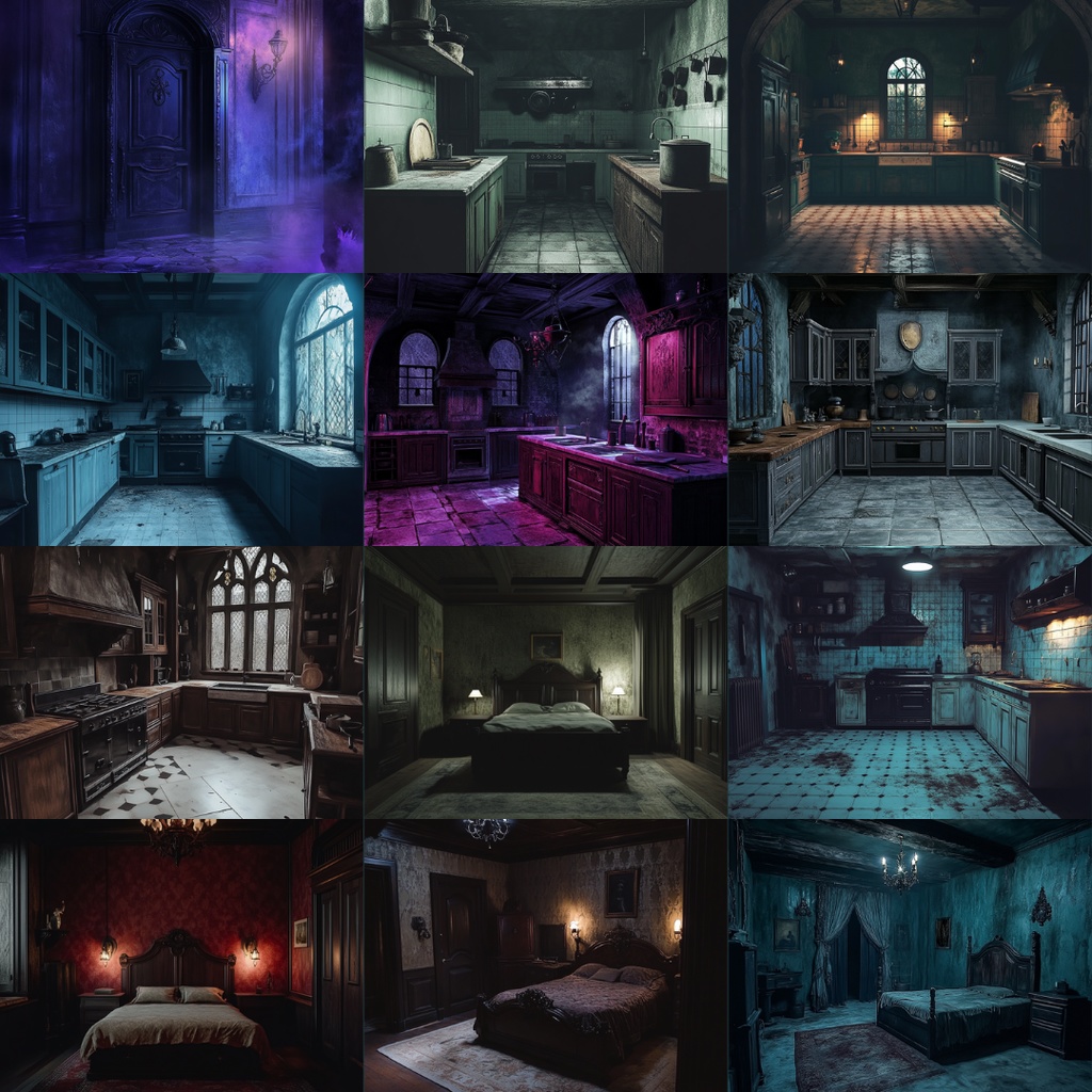 【TRPG背景素材】呪われた洋館パック74枚|廊下・階段・外観・寝室・物置・食堂・風呂・台所・トイレ・子供部屋・監視室・扉