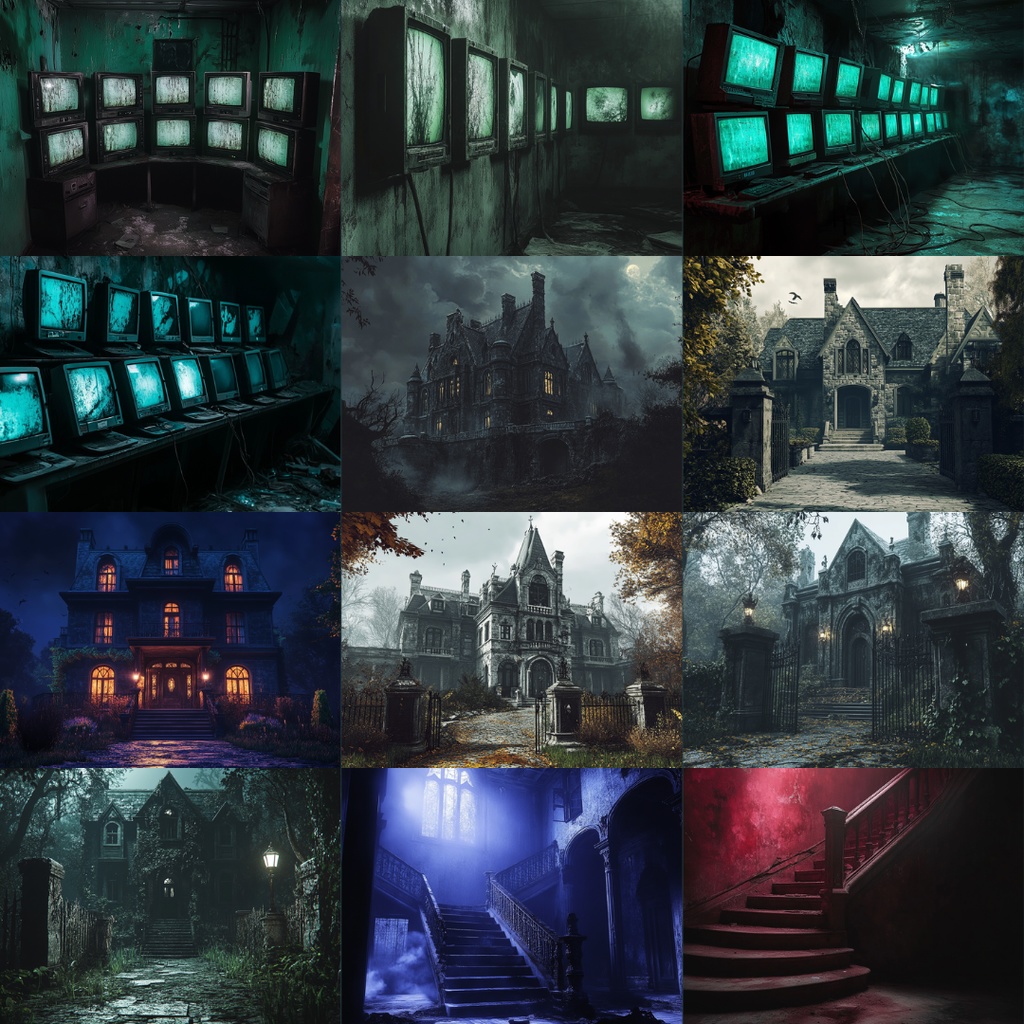 【TRPG背景素材】呪われた洋館パック74枚|廊下・階段・外観・寝室・物置・食堂・風呂・台所・トイレ・子供部屋・監視室・扉