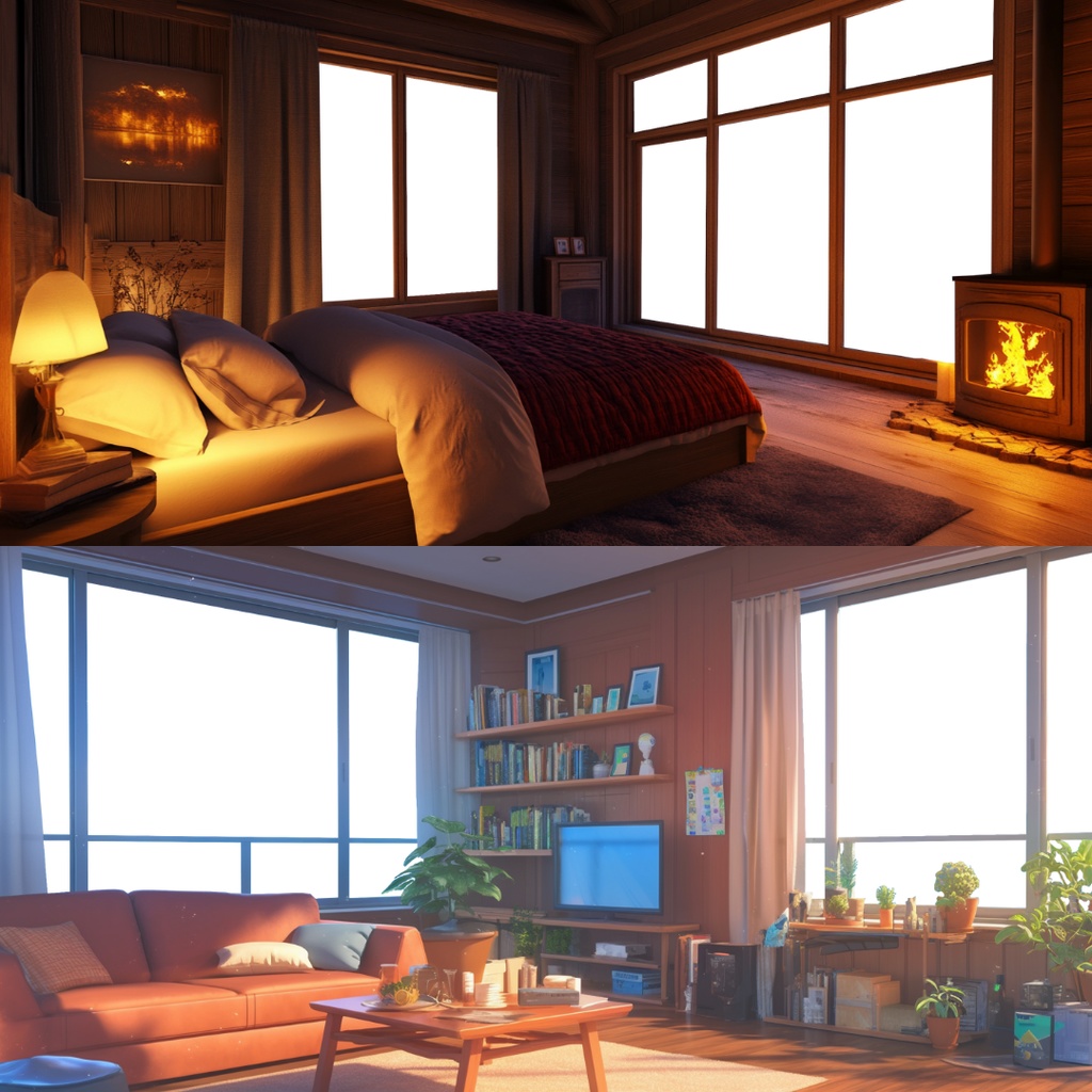 【透過素材】窓だけ透過した部屋背景10枚|配信背景・別荘・寝室・暖炉・Lo-fi・Relax