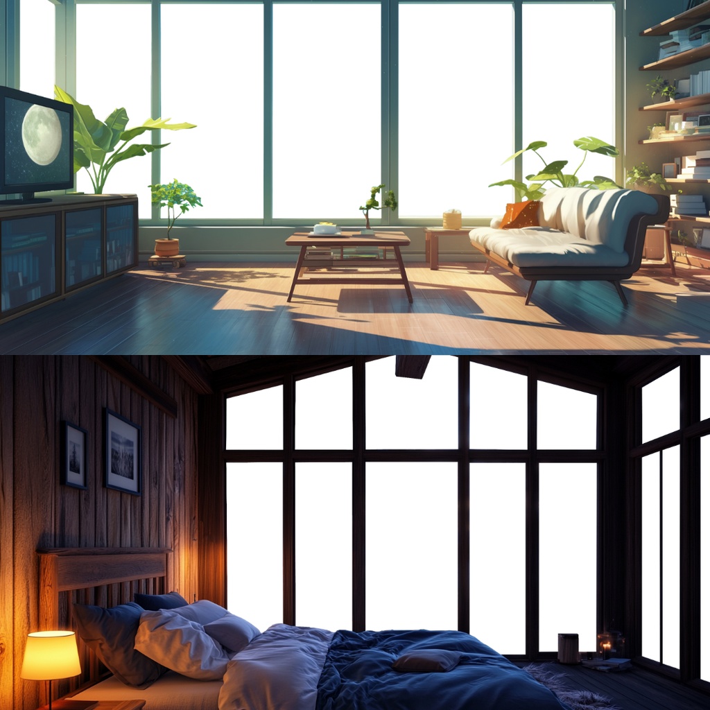 【透過素材】窓だけ透過した部屋背景10枚|配信背景・別荘・寝室・暖炉・Lo-fi・Relax