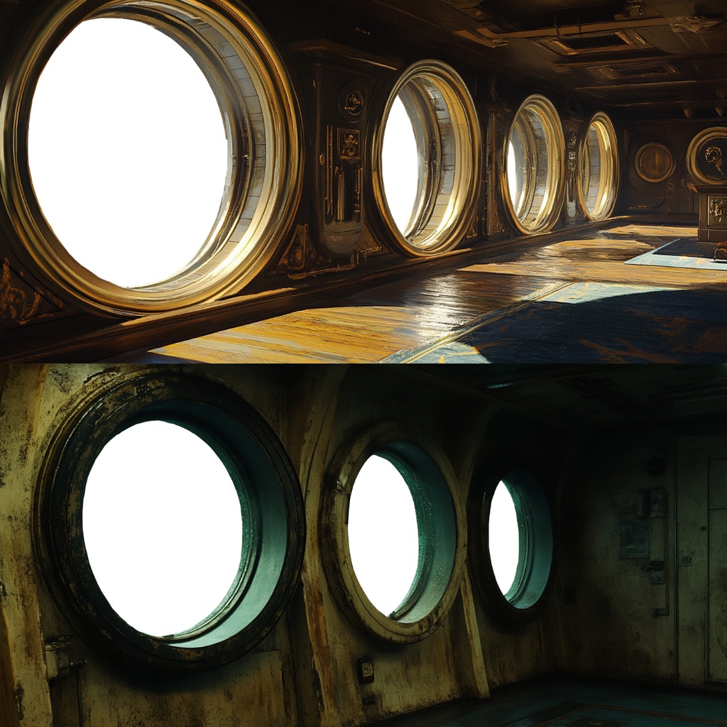 【透過素材】窓だけ透過した船内背景10枚|配信背景・宇宙船・潜水艦・観光船