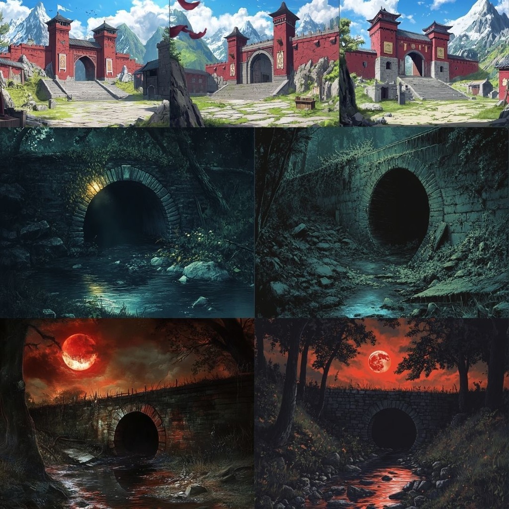 【TRPG背景素材】和風ファンタジーパック65枚|赤い月・鳥居・竹林・田んぼ・祠・洞窟・城跡・関所・暗渠・休息所・和風・アジアンテイスト