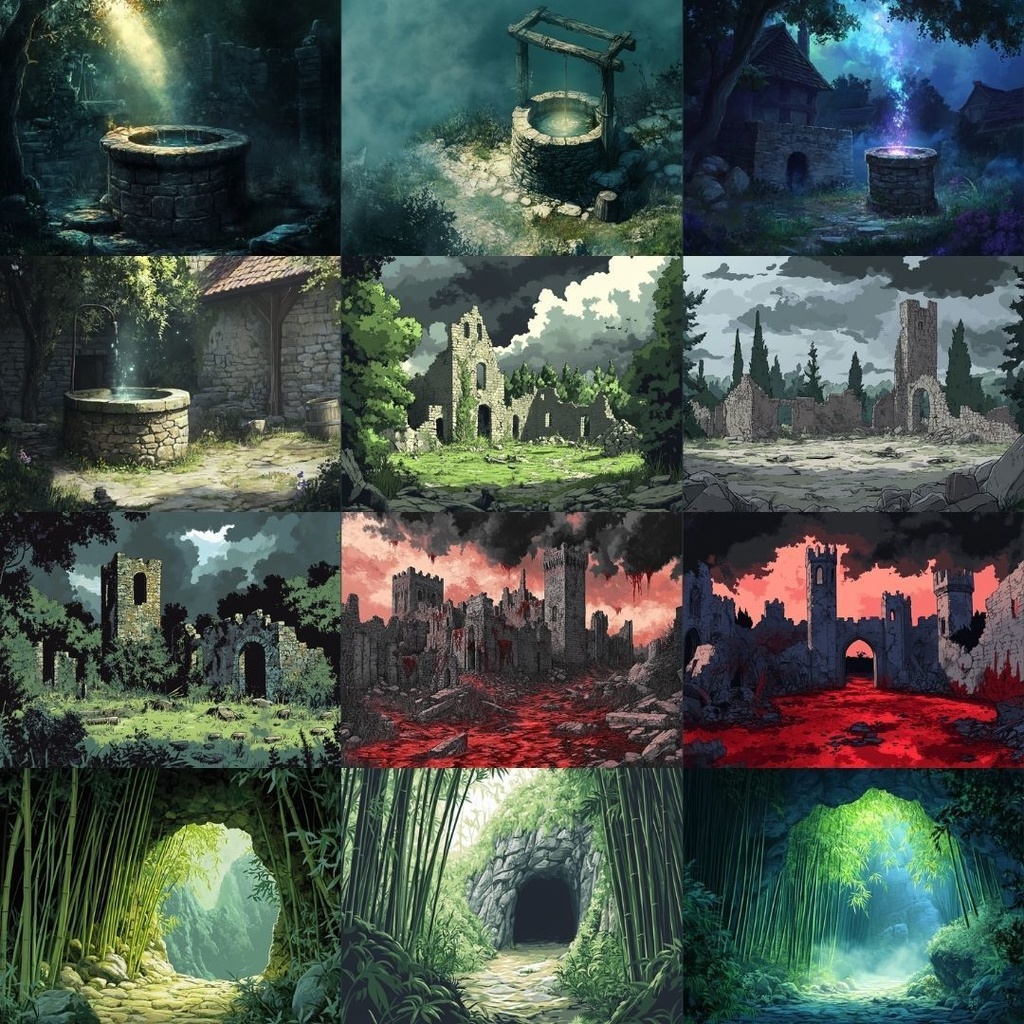 【TRPG背景素材】和風ファンタジーパック65枚|赤い月・鳥居・竹林・田んぼ・祠・洞窟・城跡・関所・暗渠・休息所・和風・アジアンテイスト