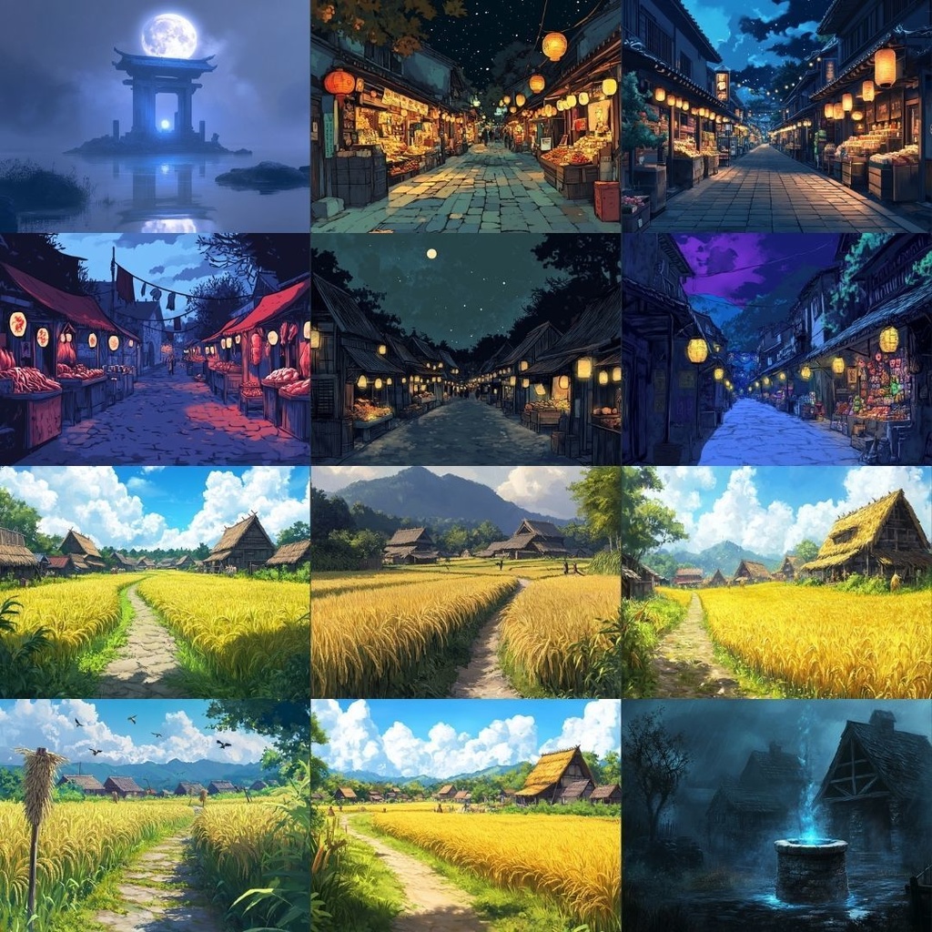 【TRPG背景素材】和風ファンタジーパック65枚|赤い月・鳥居・竹林・田んぼ・祠・洞窟・城跡・関所・暗渠・休息所・和風・アジアンテイスト