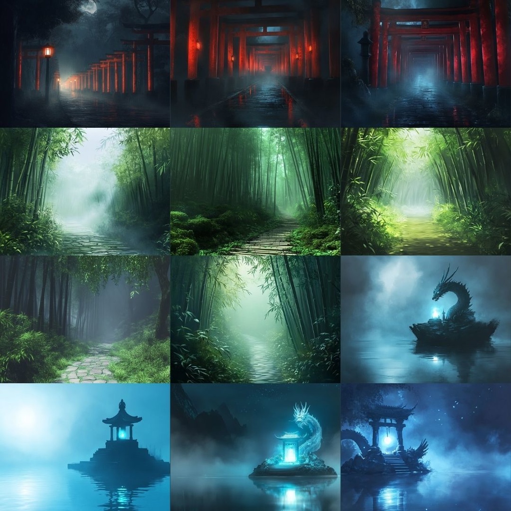 【TRPG背景素材】和風ファンタジーパック65枚|赤い月・鳥居・竹林・田んぼ・祠・洞窟・城跡・関所・暗渠・休息所・和風・アジアンテイスト