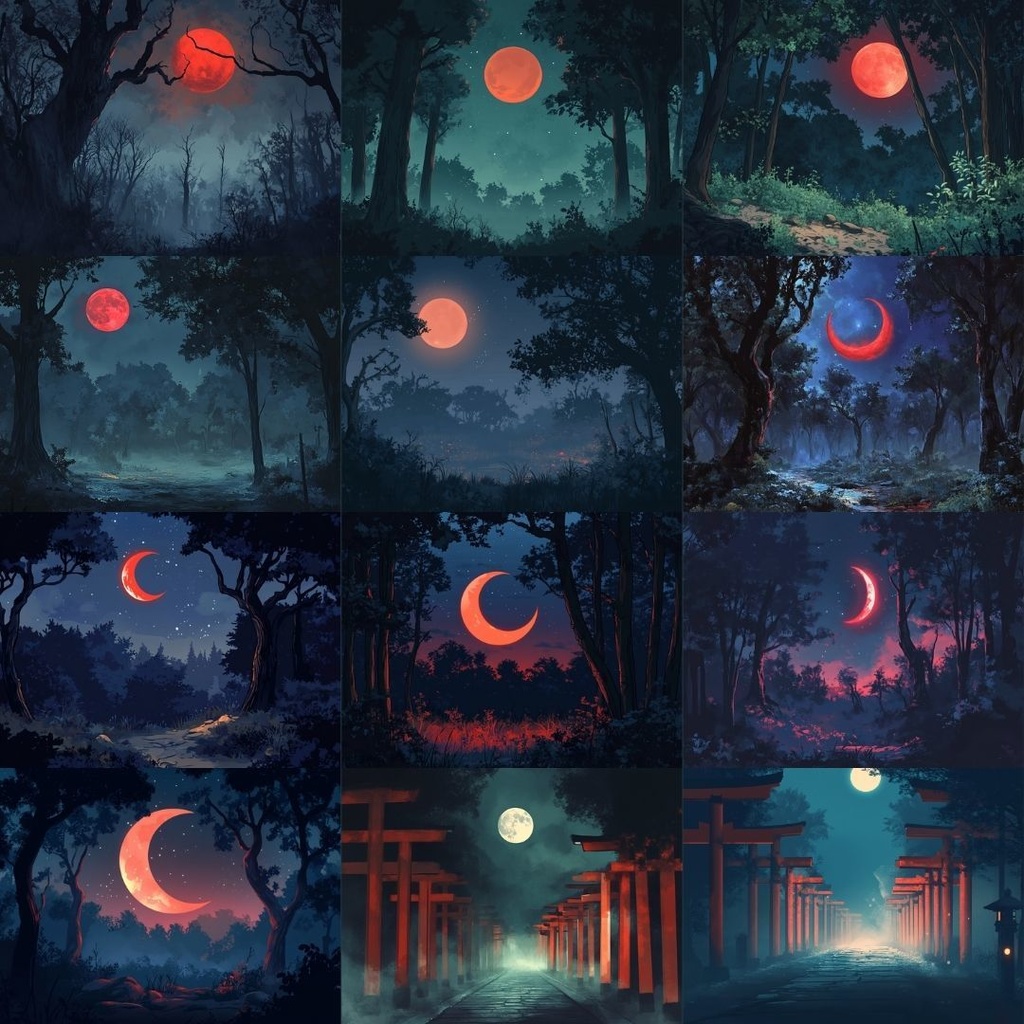 【TRPG背景素材】和風ファンタジーパック65枚|赤い月・鳥居・竹林・田んぼ・祠・洞窟・城跡・関所・暗渠・休息所・和風・アジアンテイスト