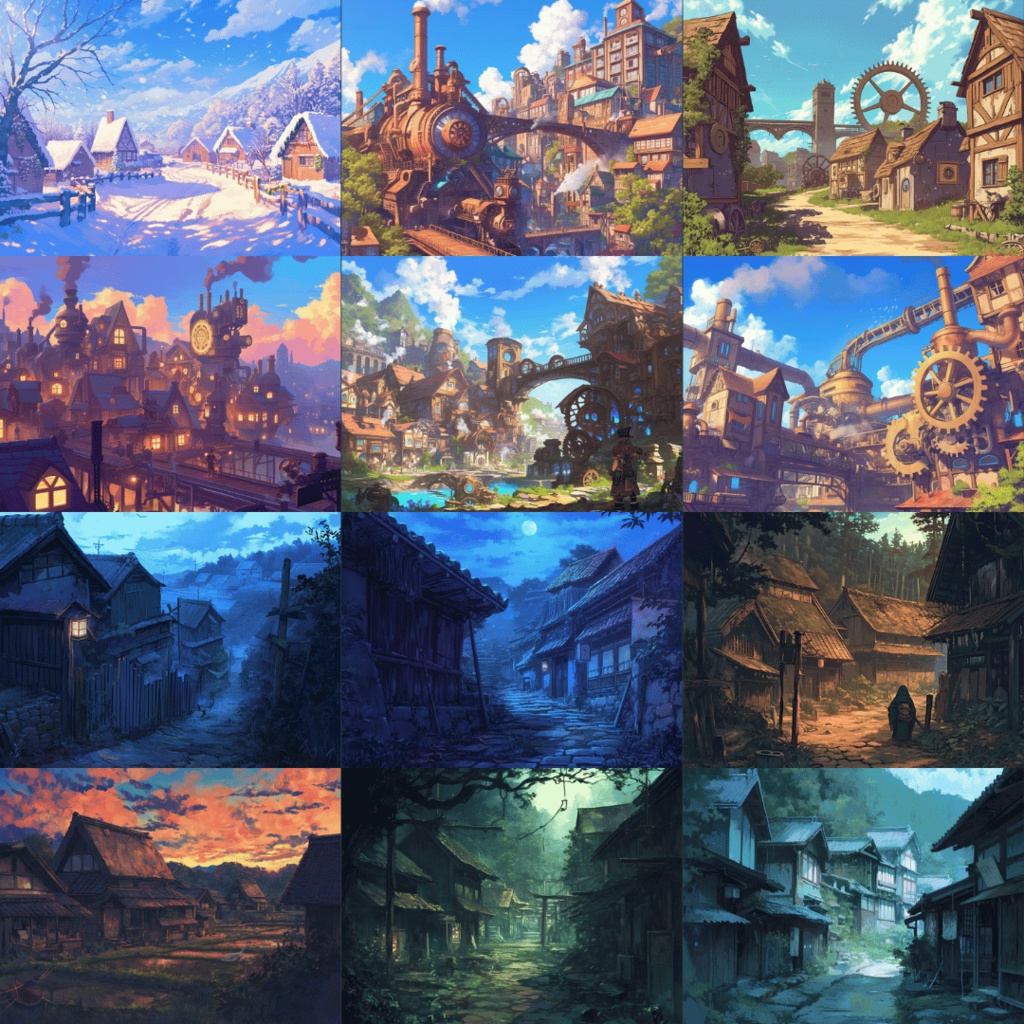 【TRPG背景素材】いろいろな村パック72枚|廃村・水中・雪国・機械仕掛け・ホラー・日本・漁村・平和ファンタジー・砂漠