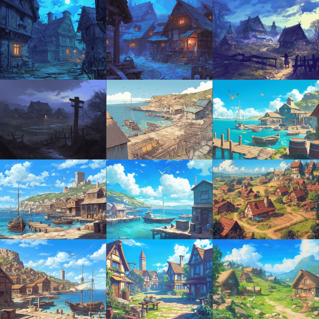 【TRPG背景素材】いろいろな村パック72枚|廃村・水中・雪国・機械仕掛け・ホラー・日本・漁村・平和ファンタジー・砂漠