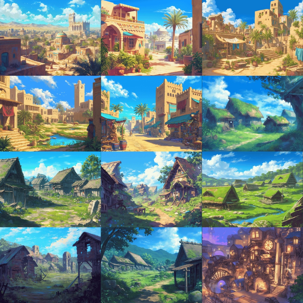 【TRPG背景素材】いろいろな村パック72枚|廃村・水中・雪国・機械仕掛け・ホラー・日本・漁村・平和ファンタジー・砂漠