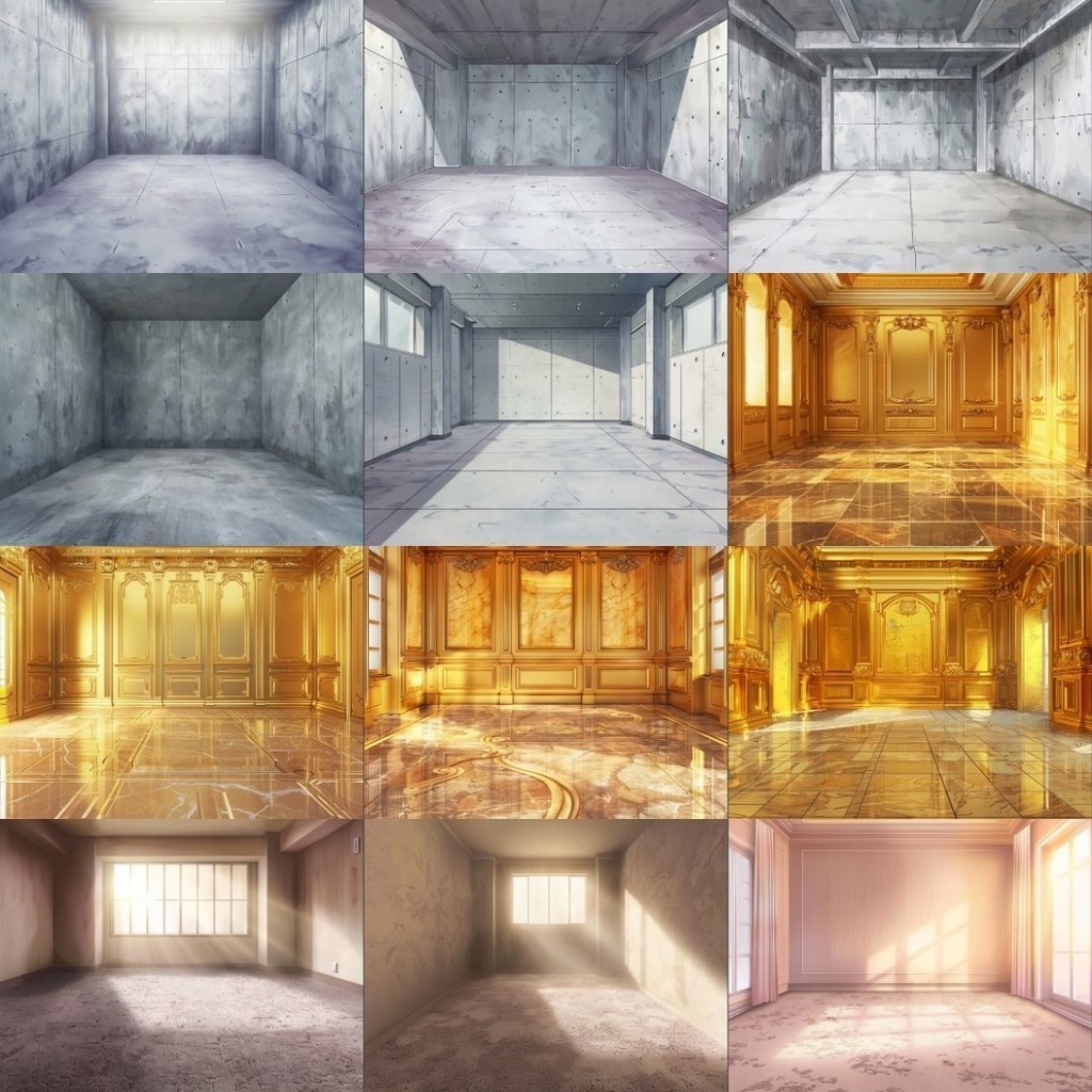 【TRPG背景素材】空っぽの部屋パック150枚|金色・コンクリート・シンプル・ホラー・メタリック・モダン・屋根裏・海・鏡・高級感・高層・タイル・鎖・和風