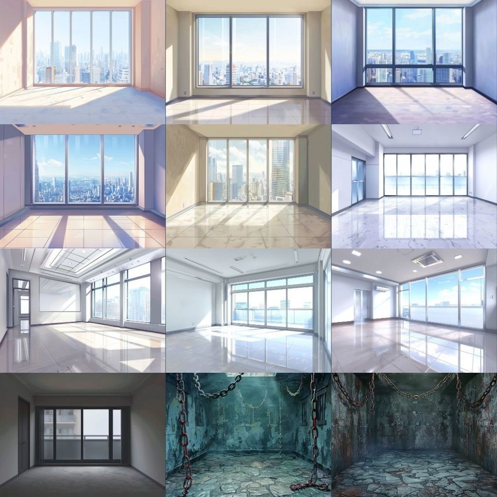 【TRPG背景素材】空っぽの部屋パック150枚|金色・コンクリート・シンプル・ホラー・メタリック・モダン・屋根裏・海・鏡・高級感・高層・タイル・鎖・和風