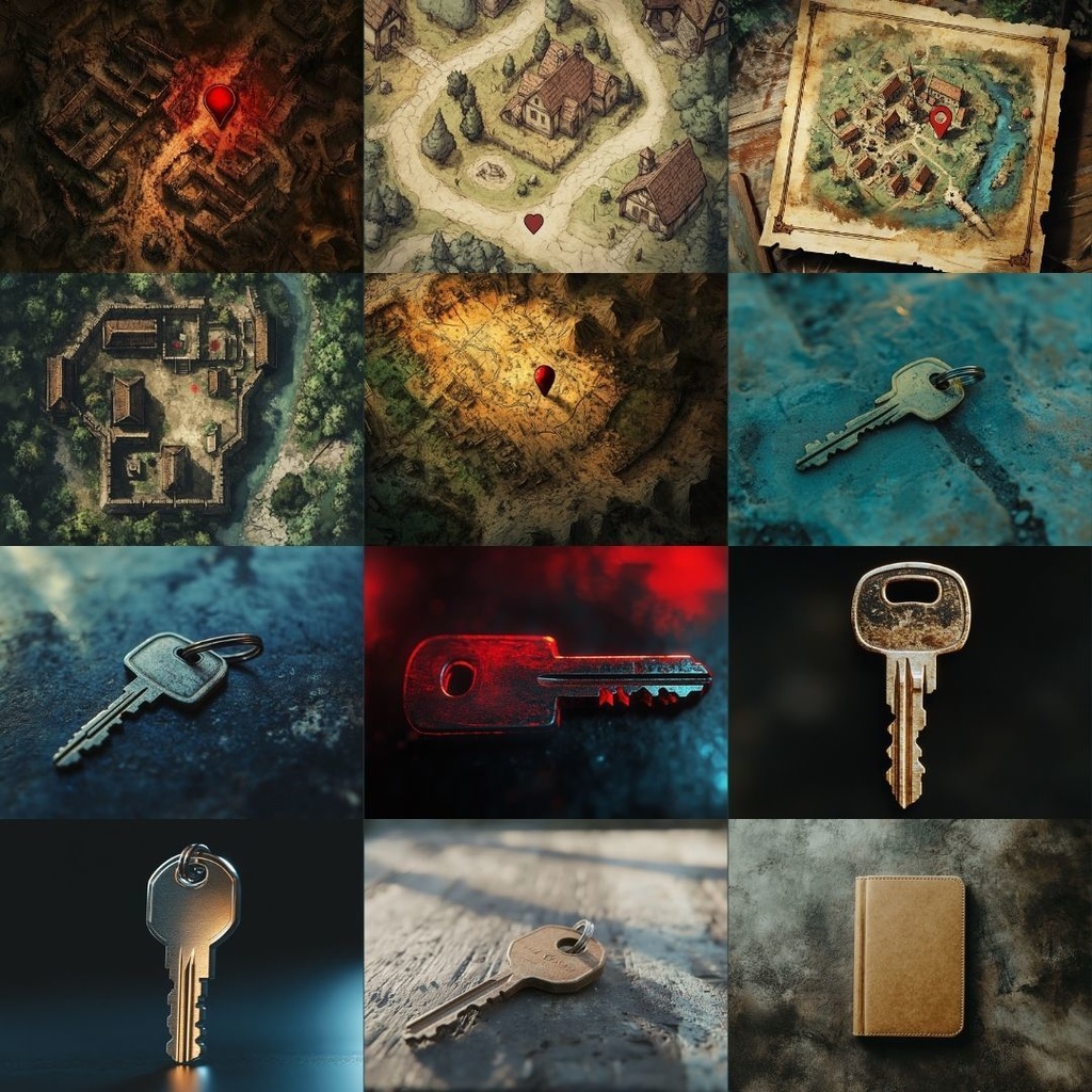 【TRPG背景素材】ニッチな描写パック70枚|鍵束・手帳・割れたメガネ・魔法陣・ワインボトル・パズル・写真・足跡・カレンダー・地図・黒板・汚れた手紙