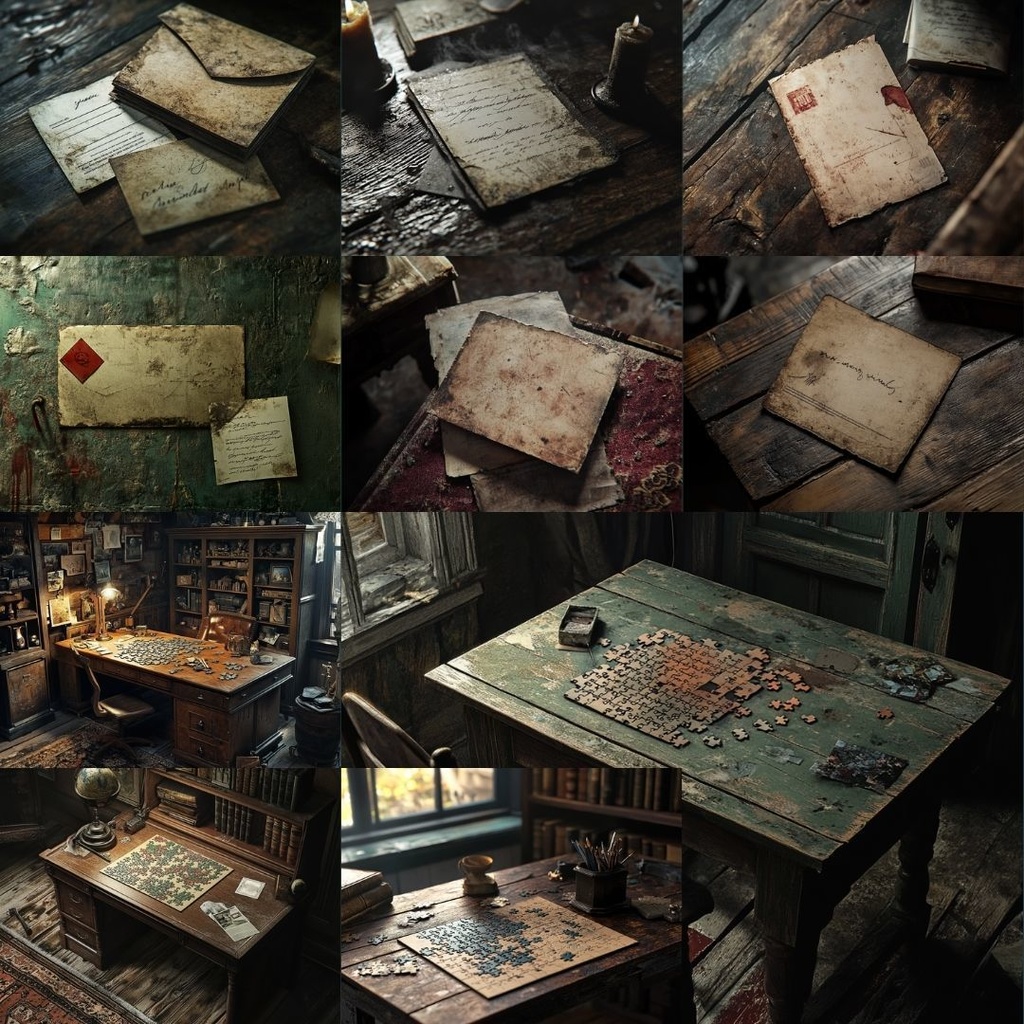 【TRPG背景素材】ニッチな描写パック70枚|鍵束・手帳・割れたメガネ・魔法陣・ワインボトル・パズル・写真・足跡・カレンダー・地図・黒板・汚れた手紙