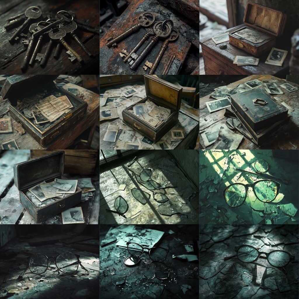 【TRPG背景素材】ニッチな描写パック70枚|鍵束・手帳・割れたメガネ・魔法陣・ワインボトル・パズル・写真・足跡・カレンダー・地図・黒板・汚れた手紙