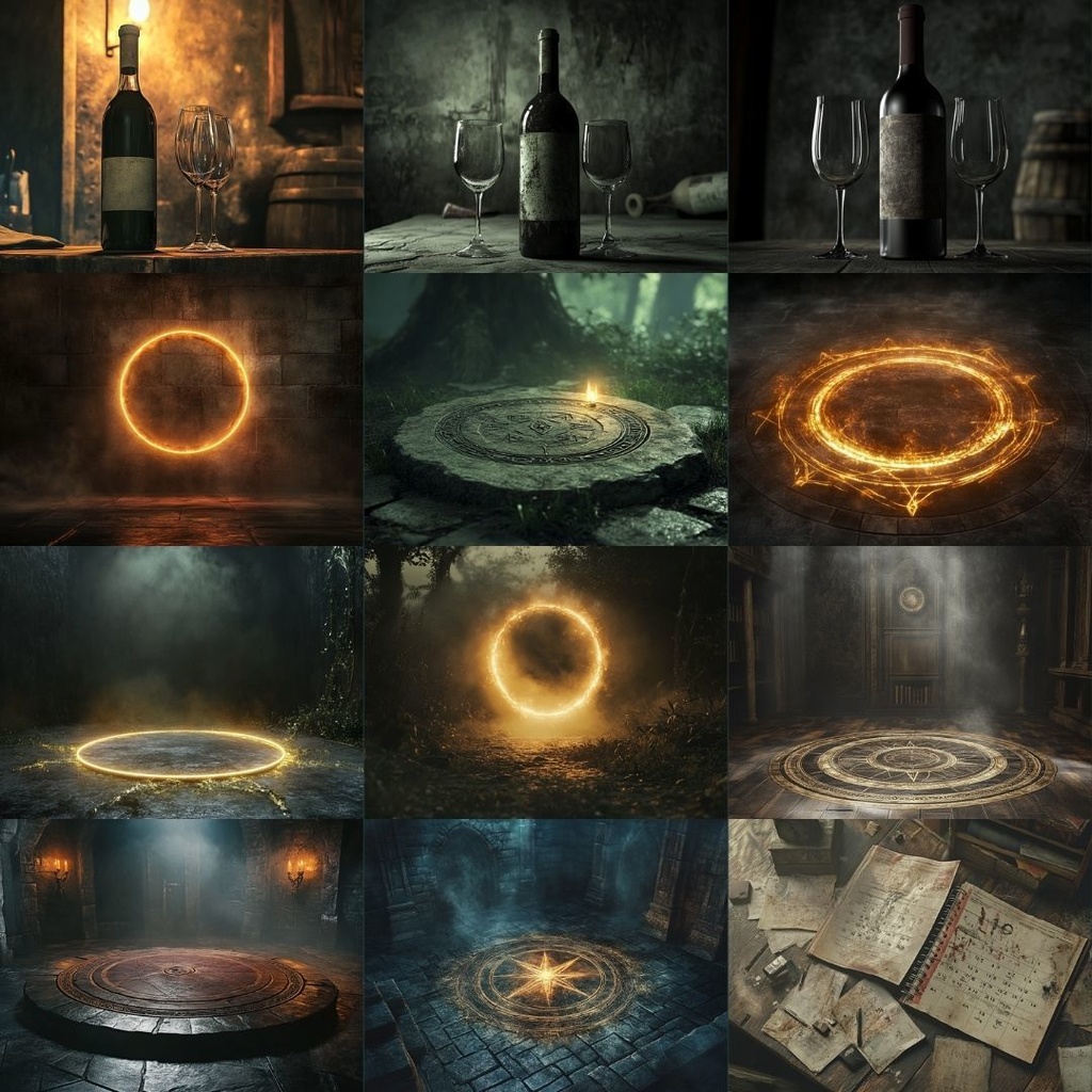 【TRPG背景素材】ニッチな描写パック70枚|鍵束・手帳・割れたメガネ・魔法陣・ワインボトル・パズル・写真・足跡・カレンダー・地図・黒板・汚れた手紙