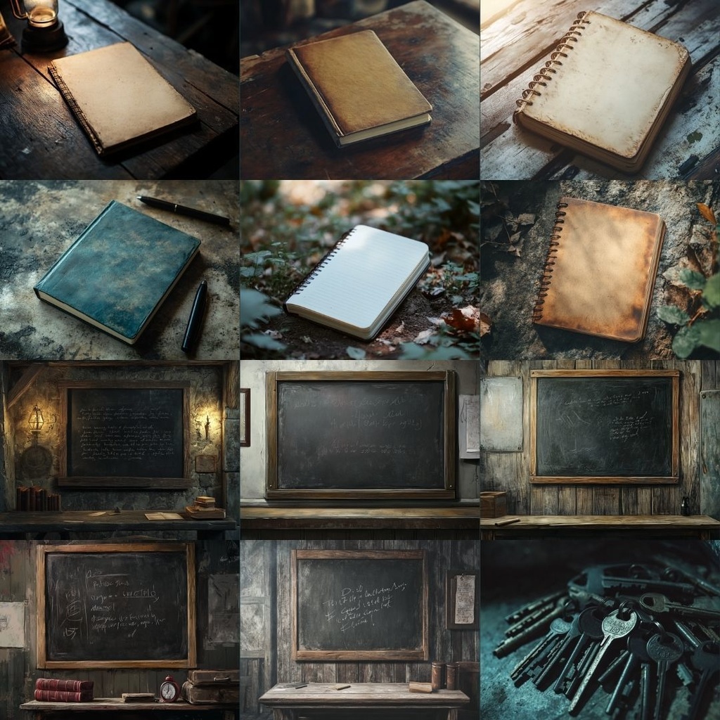 【TRPG背景素材】ニッチな描写パック70枚|鍵束・手帳・割れたメガネ・魔法陣・ワインボトル・パズル・写真・足跡・カレンダー・地図・黒板・汚れた手紙