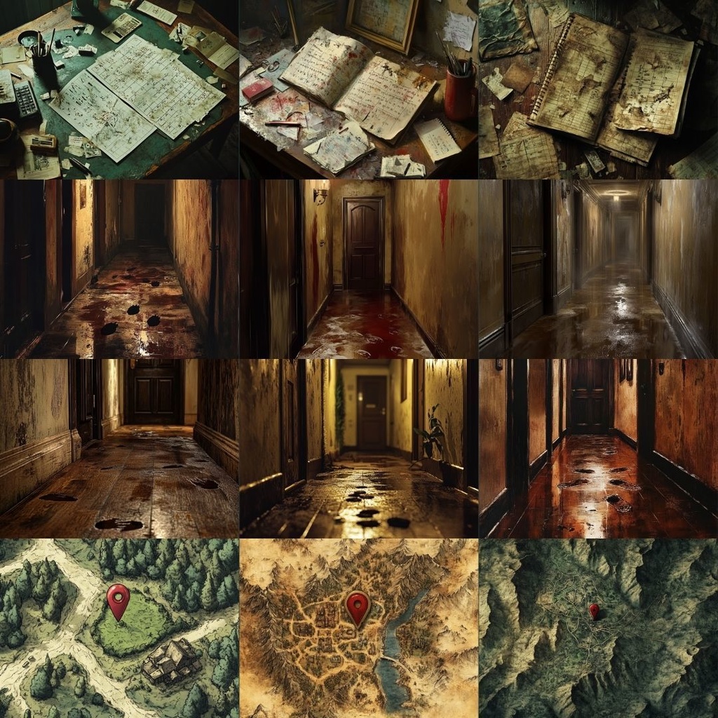 【TRPG背景素材】ニッチな描写パック70枚|鍵束・手帳・割れたメガネ・魔法陣・ワインボトル・パズル・写真・足跡・カレンダー・地図・黒板・汚れた手紙