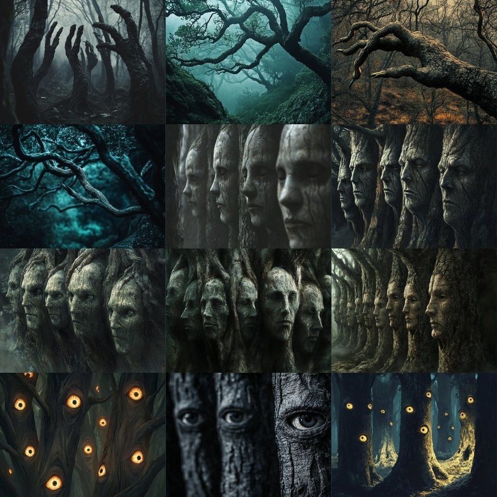 【TRPG背景素材】異形の森パック69枚|ねじれた木々・人面の木・幹から見る目・澱んだ水面・異様な繭・読めない標識・白骨化・紫色の花