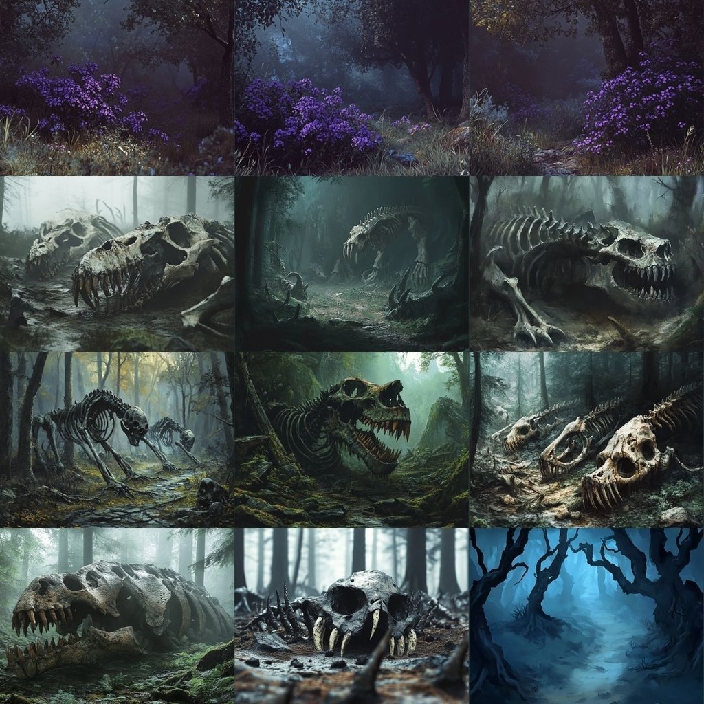 【TRPG背景素材】異形の森パック69枚|ねじれた木々・人面の木・幹から見る目・澱んだ水面・異様な繭・読めない標識・白骨化・紫色の花