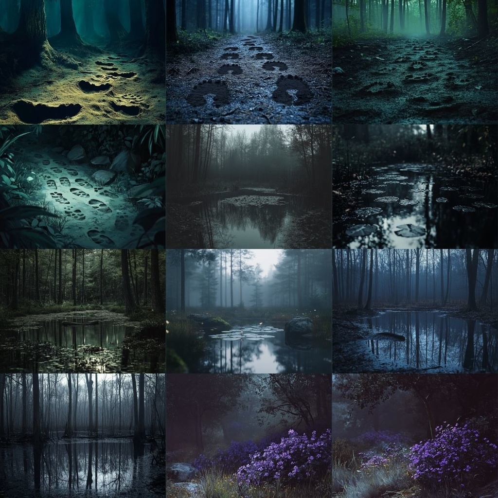 【TRPG背景素材】異形の森パック69枚|ねじれた木々・人面の木・幹から見る目・澱んだ水面・異様な繭・読めない標識・白骨化・紫色の花